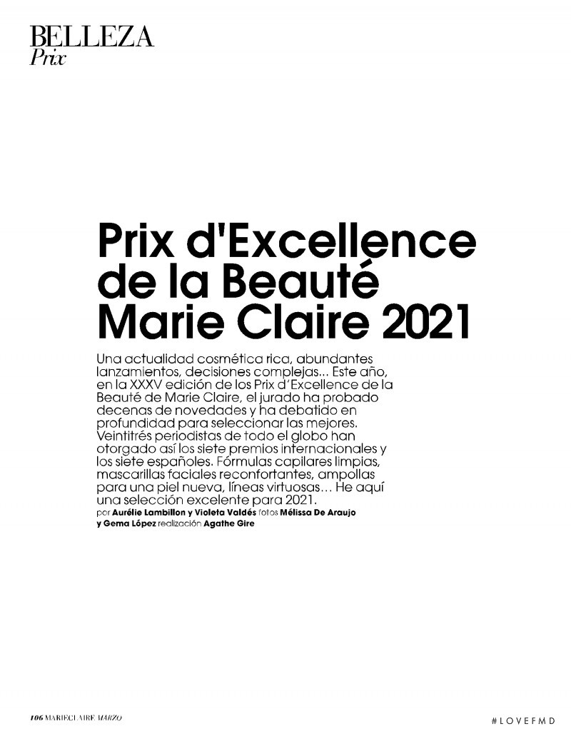 Prix d\'Excellence de la Beauté Marie Claire 2021, March 2021