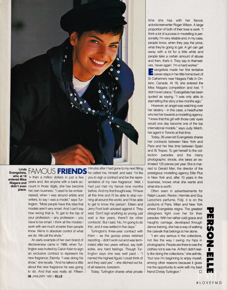 Linda Evangelista featured in Famous Friends, January 1991