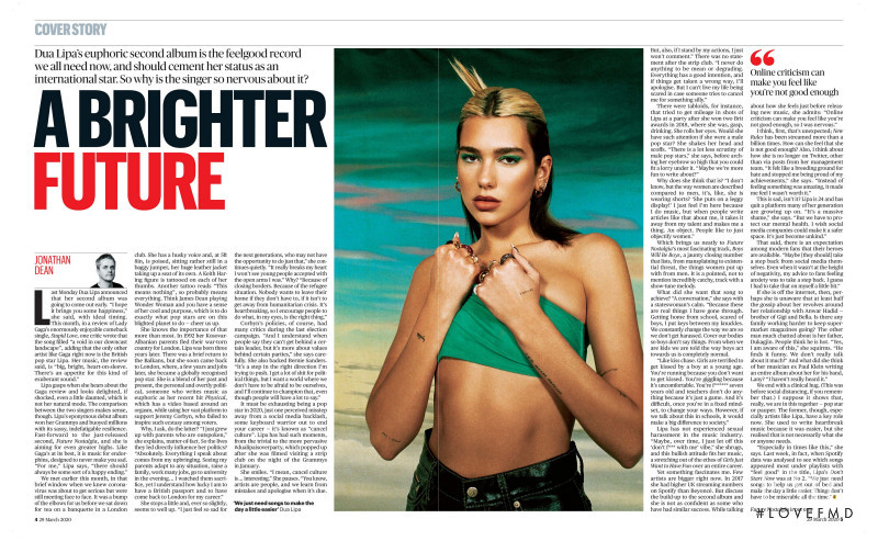 Dua Lipa featured in A Brighter Future, March 2020