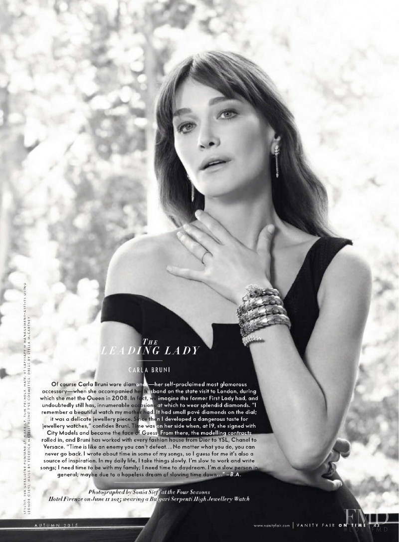 Carla Bruni featured in The 2015 Vanity Fair On Time Glamour Portfolio, October 2015