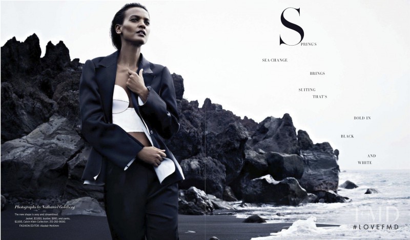 Liya Kebede featured in Spring\'s Sea Change Brings Suiting That\'s Bold In Black & White, March 2013