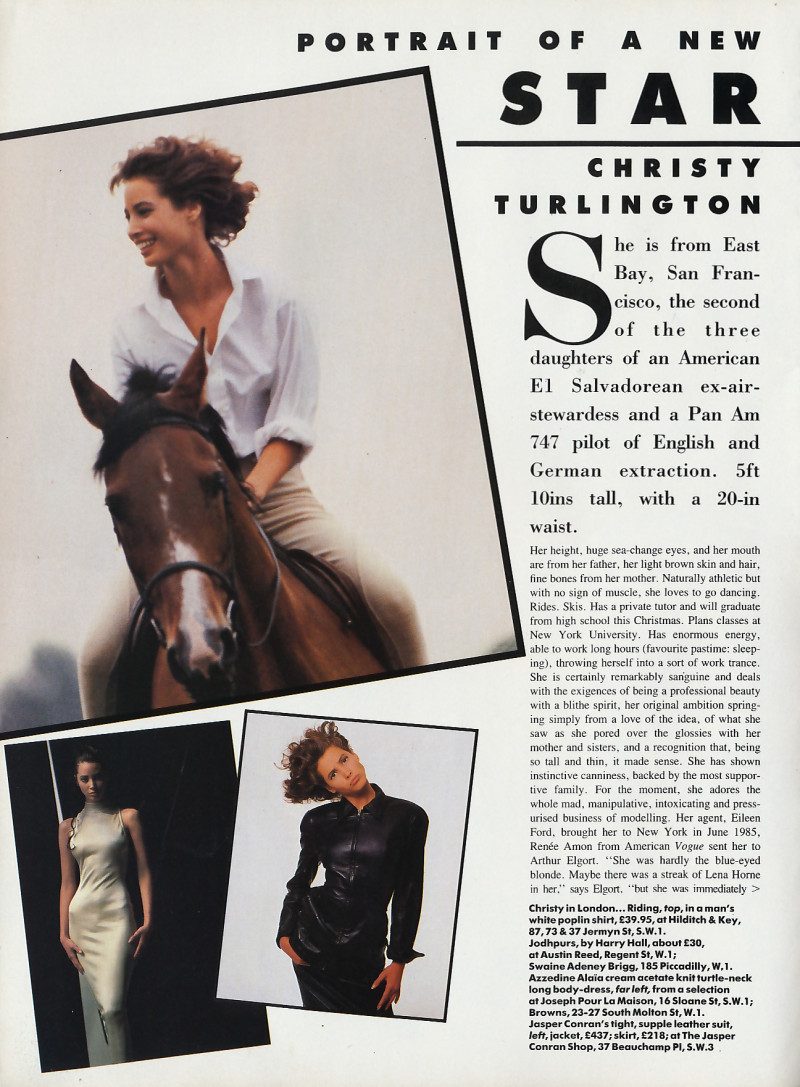 Christy Turlington featured in Portrait of a new Star, October 1986