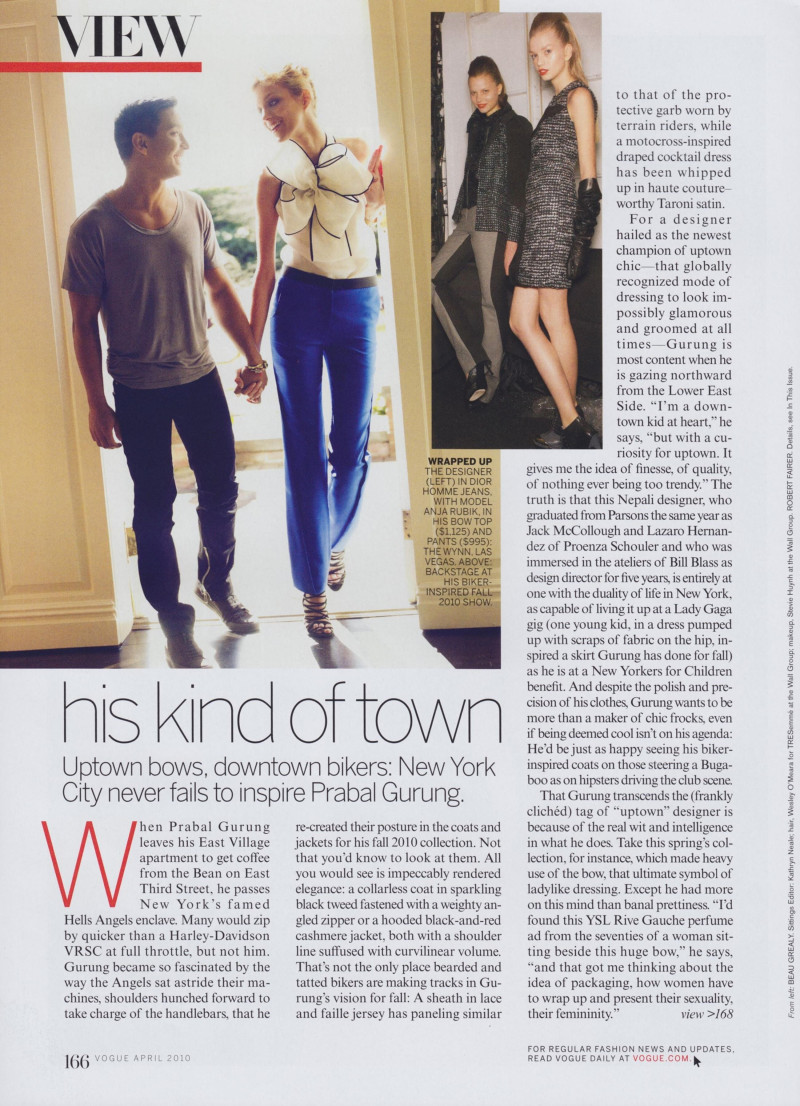 Anja Rubik featured in View - His Kind of Town, April 2010