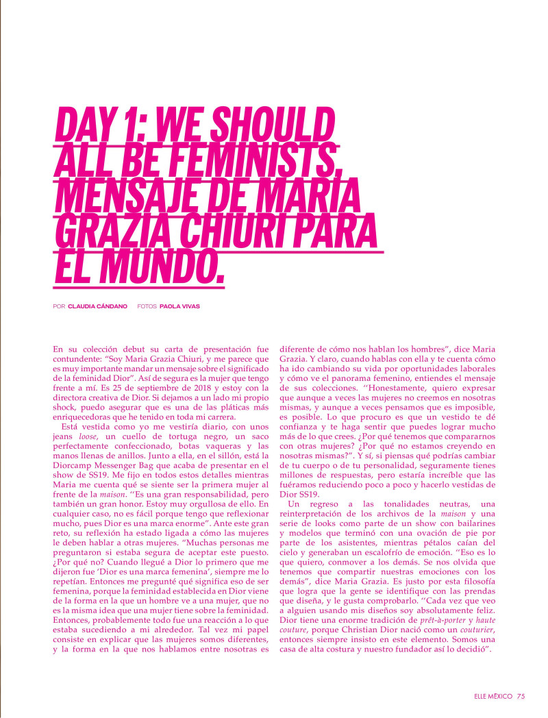 Livia Rangel featured in Day 1: We Should All Be Feminists, Mensaje De Maria Grazia Chiuri El Mundo, April 2019