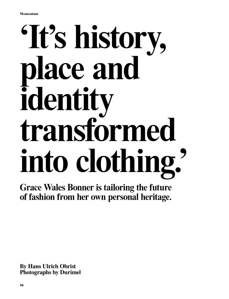 Christine Willis featured in Momentum: Grace Wales Bonner, March 2019