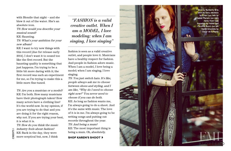 Karen Elson featured in The Songbird, June 2013