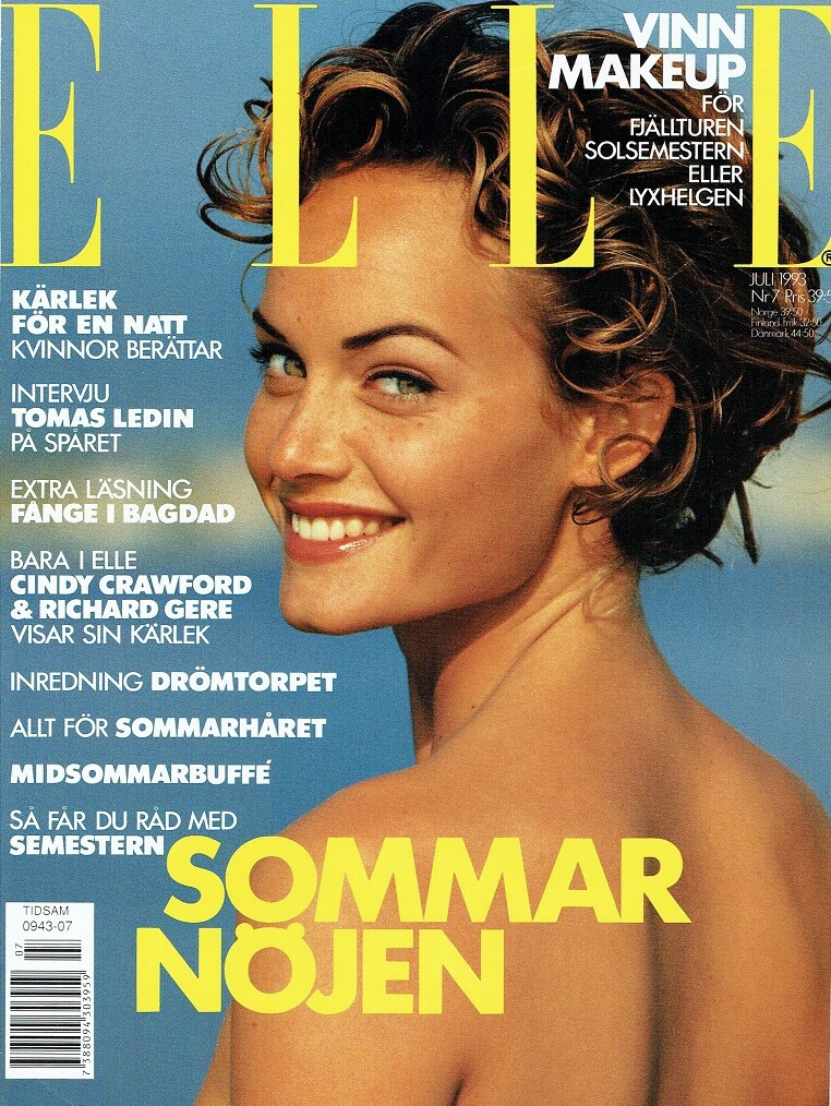 Amber Valletta featured on the Elle Sweden cover from July 1993