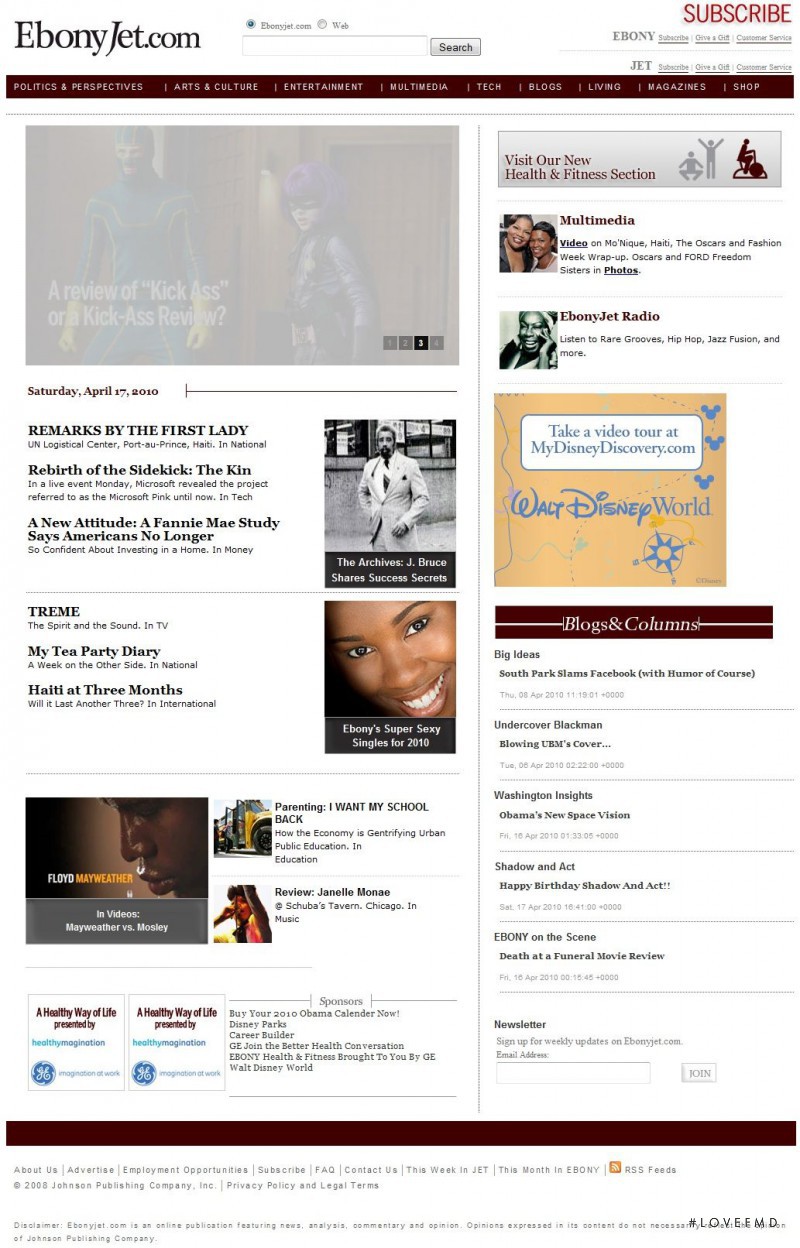  featured on the EbonyJet.com screen from April 2010