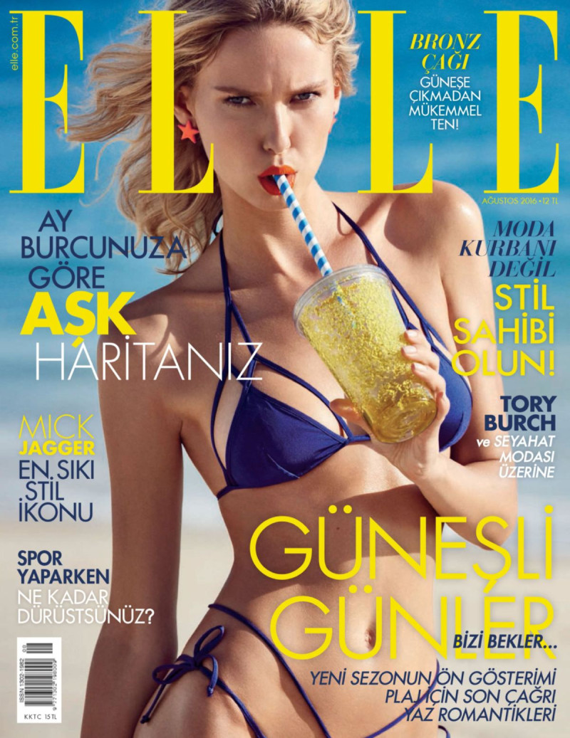 Adriana Cernanova featured on the Elle Turkey cover from August 2016