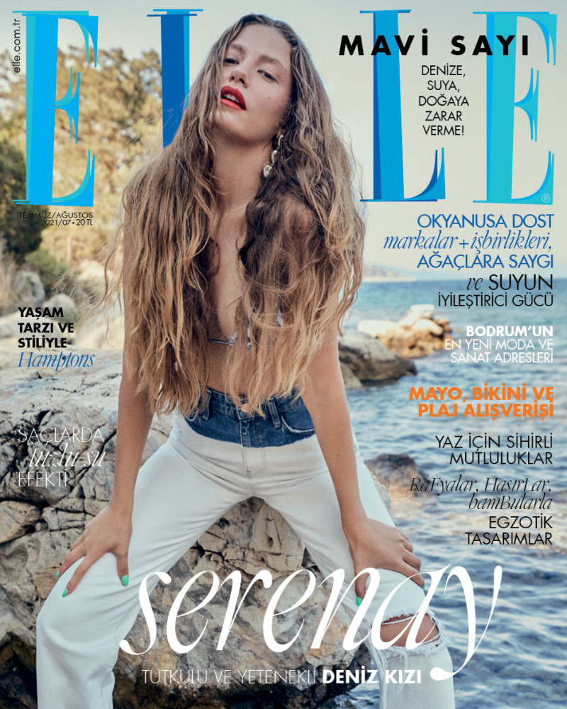 Serenay Sarikaya featured on the Elle Turkey cover from July 2021