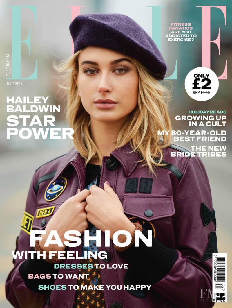 Hailey Baldwin Bieber featured on the Elle UK cover from July 2017