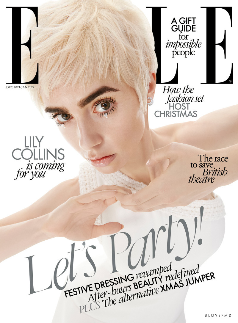 Lily Collins featured on the Elle UK cover from December 2021