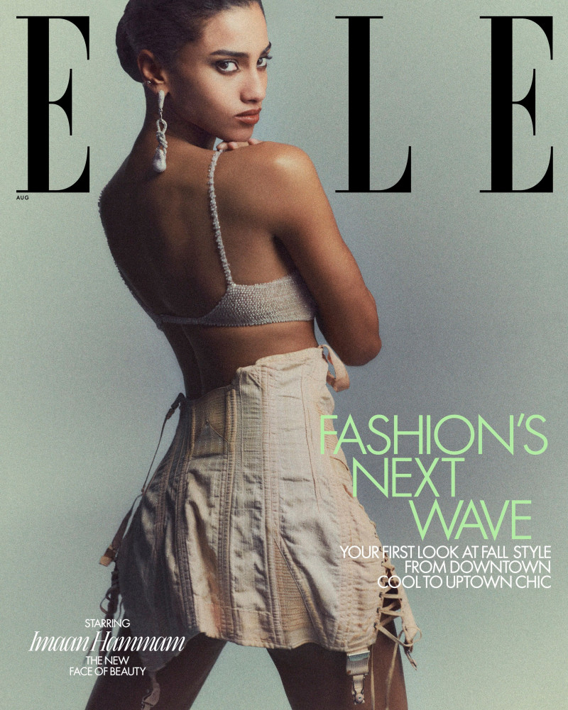 Imaan Hammam featured on the Elle USA cover from August 2023