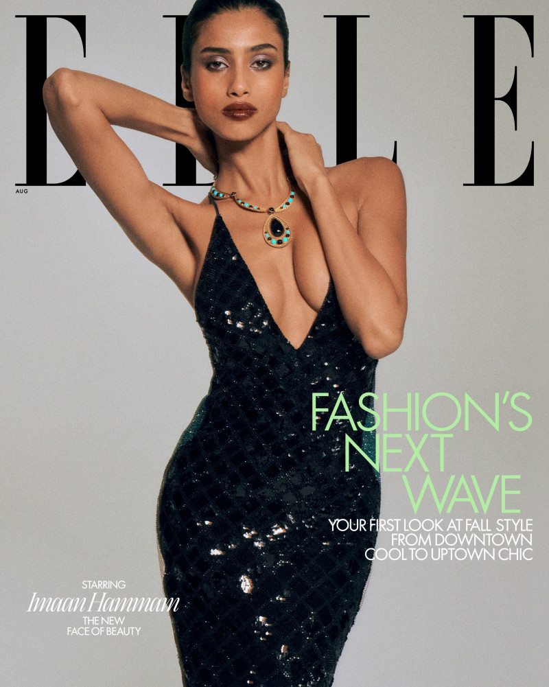 Imaan Hammam featured on the Elle USA cover from August 2023