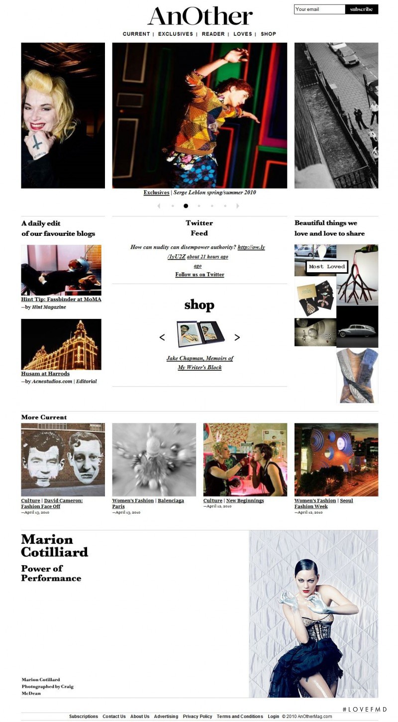  featured on the AnOtherMag.com screen from April 2010