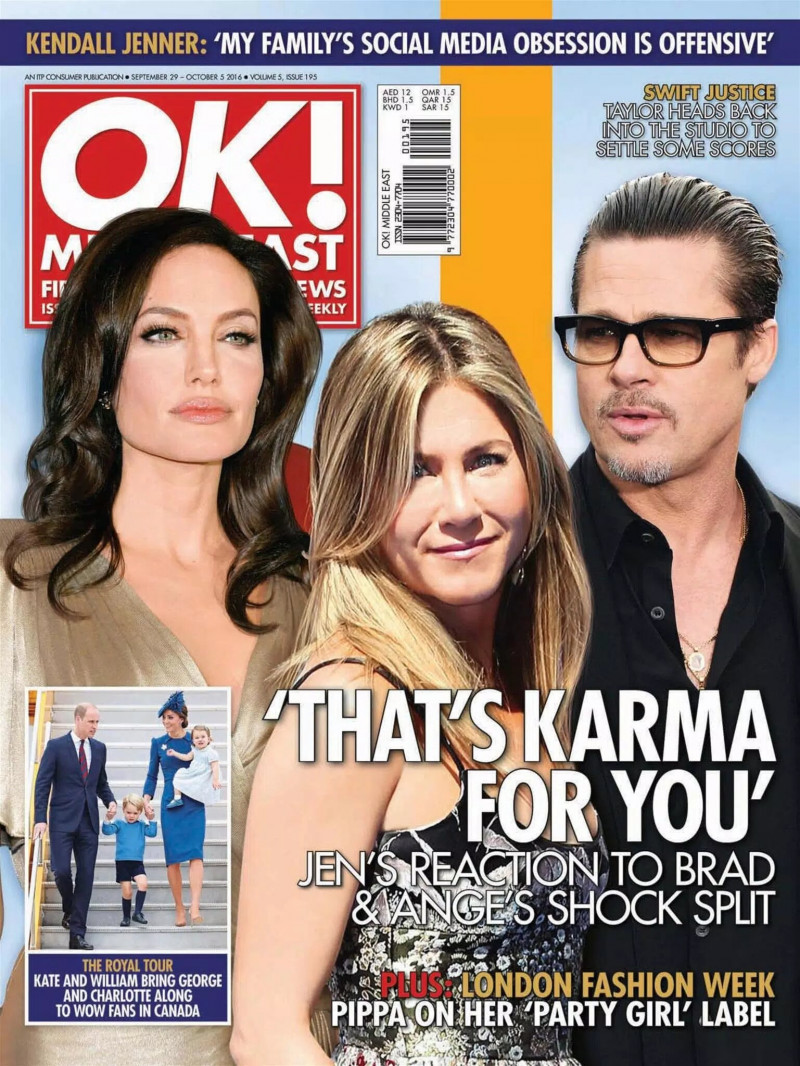 Angelina Jolie, Jennifer Aniston, Brad Pitt featured on the OK! Magazine Middle East cover from September 2016