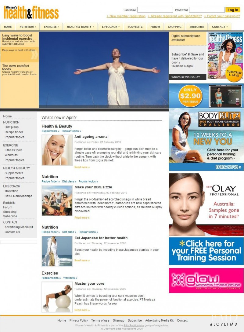  featured on the WomensHealthandFitness.com.au screen from April 2010