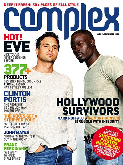 Mark Ruffalo & Djimon Hounsou featured on the Complex cover from August 2004