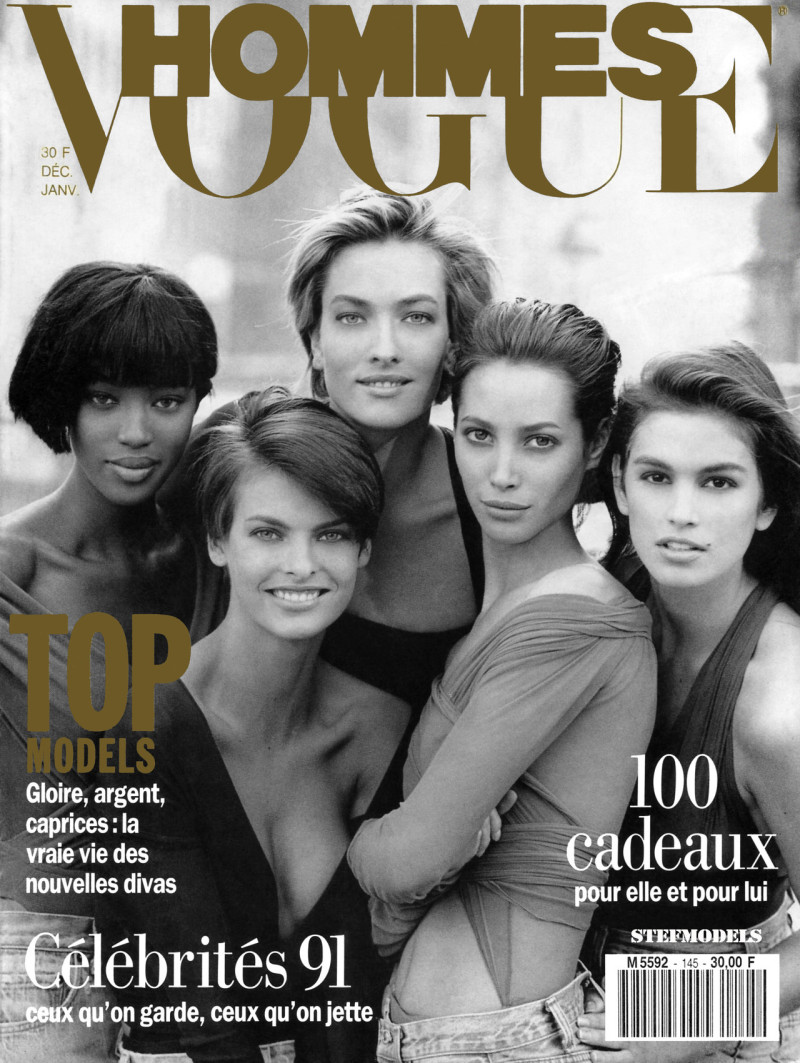 Christy Turlington, Cindy Crawford, Naomi Campbell featured on the Vogue Hommes International cover from December 1991