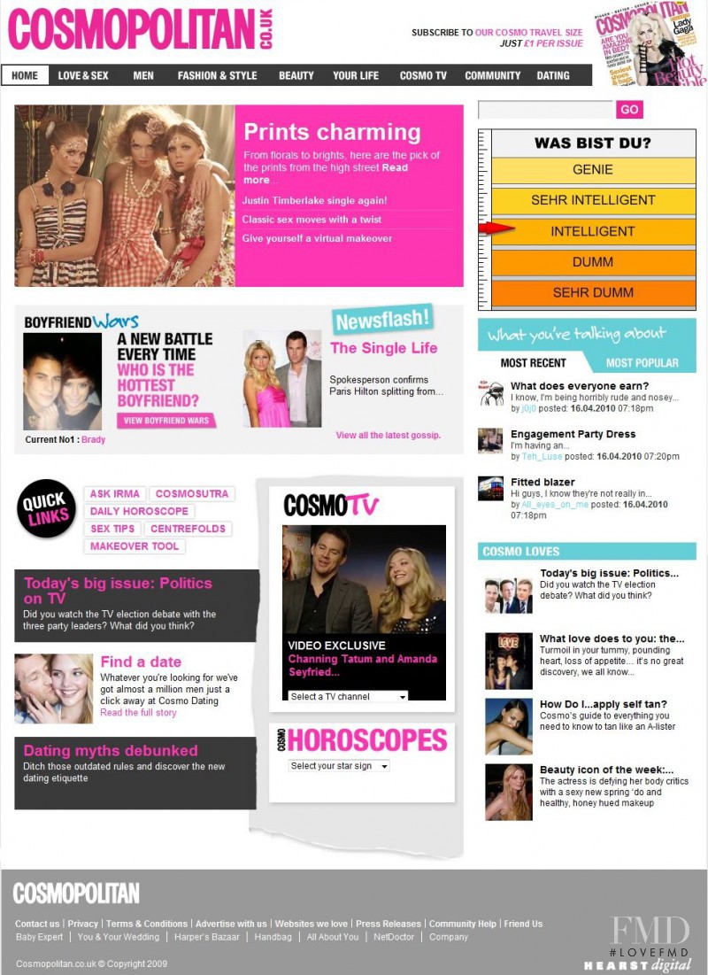  featured on the Cosmopolitan.co.uk screen from April 2010