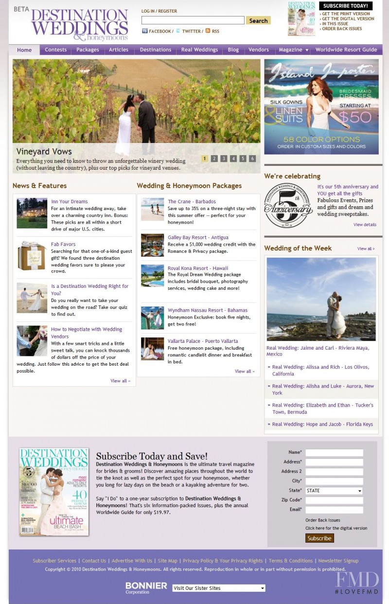  featured on the DestinationWeddingMag.com screen from April 2010