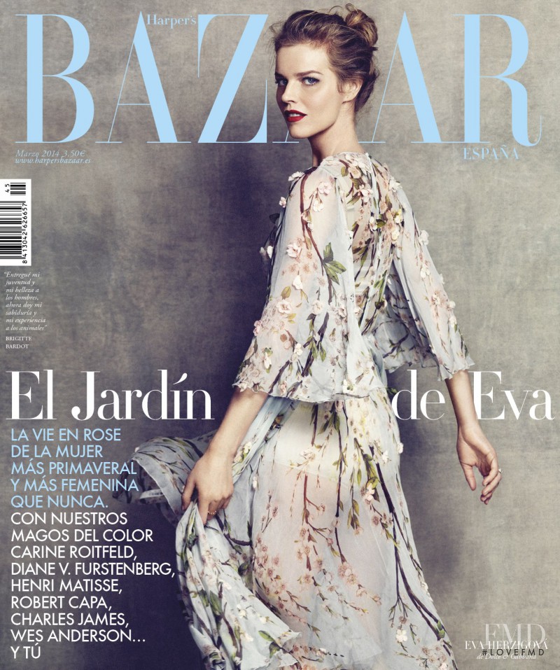 Eva Herzigova featured on the Harper\'s Bazaar Spain cover from March 2014