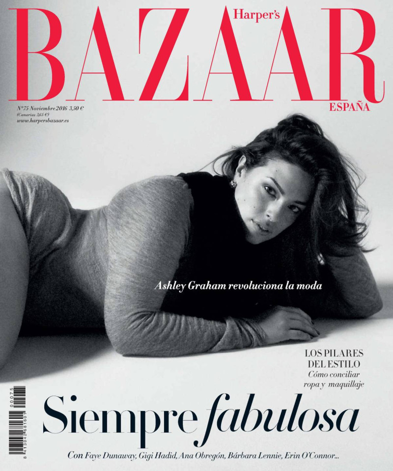 Ashley Graham featured on the Harper\'s Bazaar Spain cover from November 2016