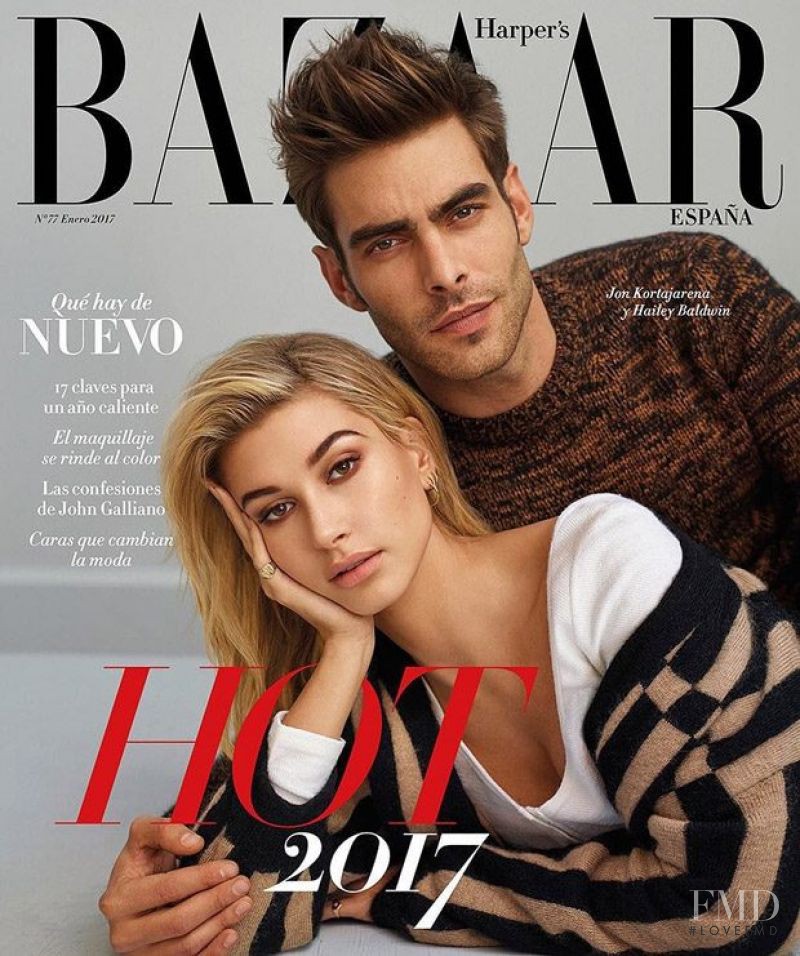 Hailey Baldwin Bieber, Jon Kortajarena featured on the Harper\'s Bazaar Spain cover from January 2017