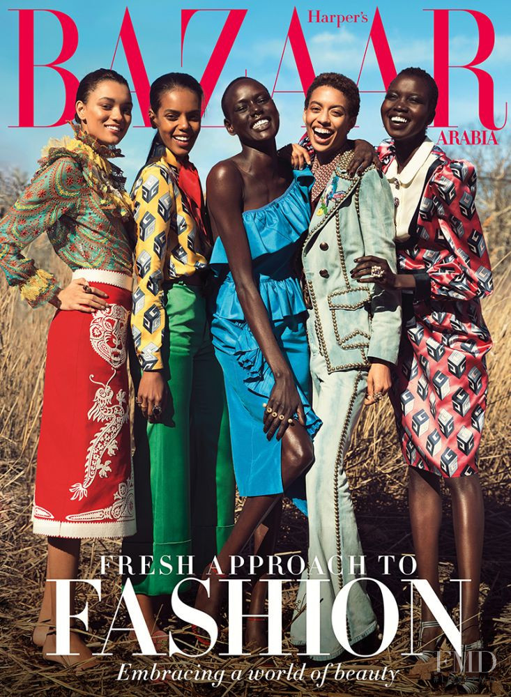 Grace Mahary, Ajak Deng, Nykhor Paul, Lameka Fox, Jourdana Phillips featured on the Harper\'s Bazaar Arabia cover from April 2017