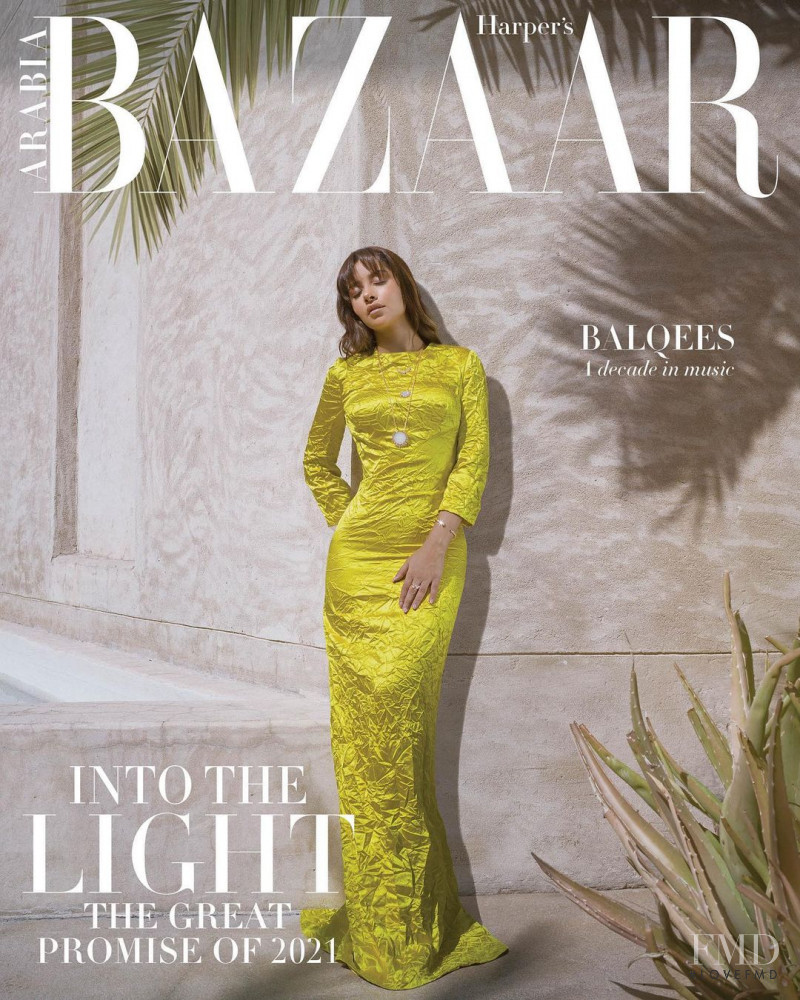 Balqees Fathi featured on the Harper\'s Bazaar Arabia cover from January 2021