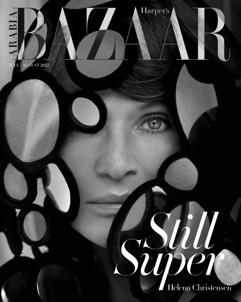 Helena Christensen featured on the Harper\'s Bazaar Arabia cover from July 2025