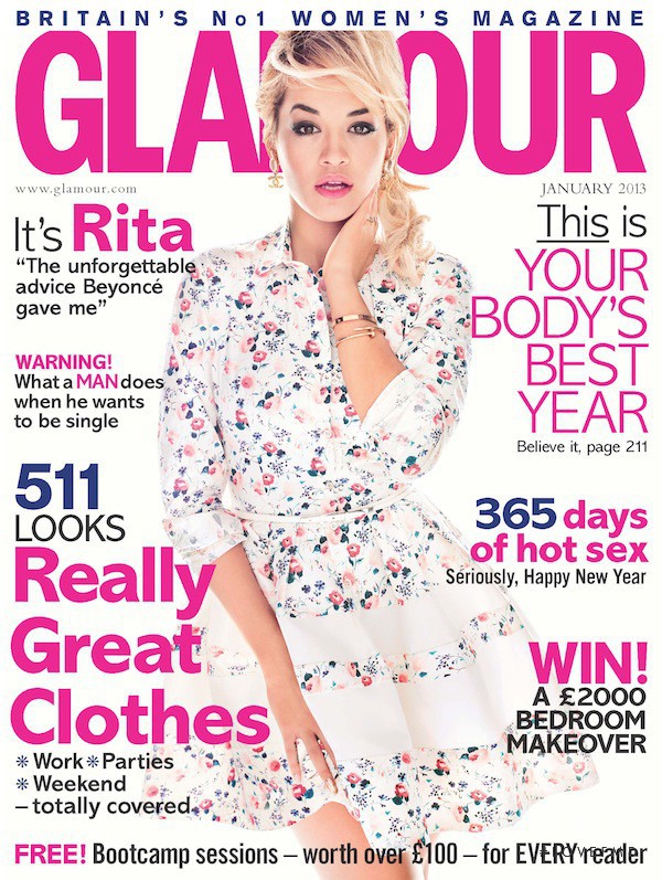 Rita Ora featured on the Glamour UK cover from January 2013
