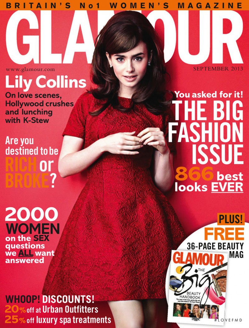 Lily Collins featured on the Glamour UK cover from September 2013