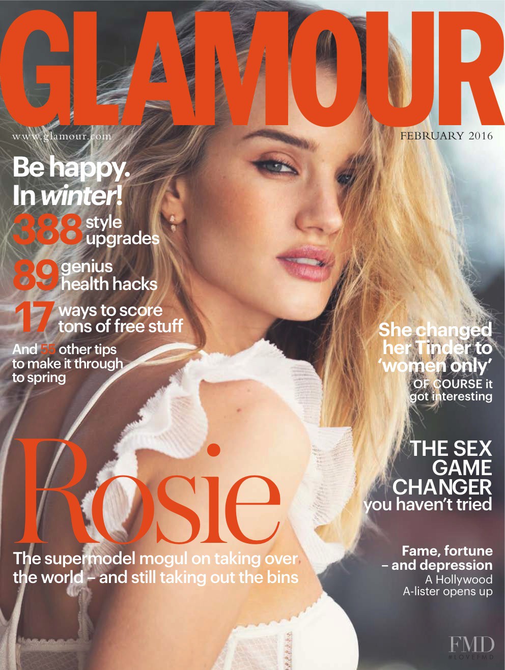 Cover of Glamour UK with Rosie Huntington-Whiteley, February 2016 (ID ...