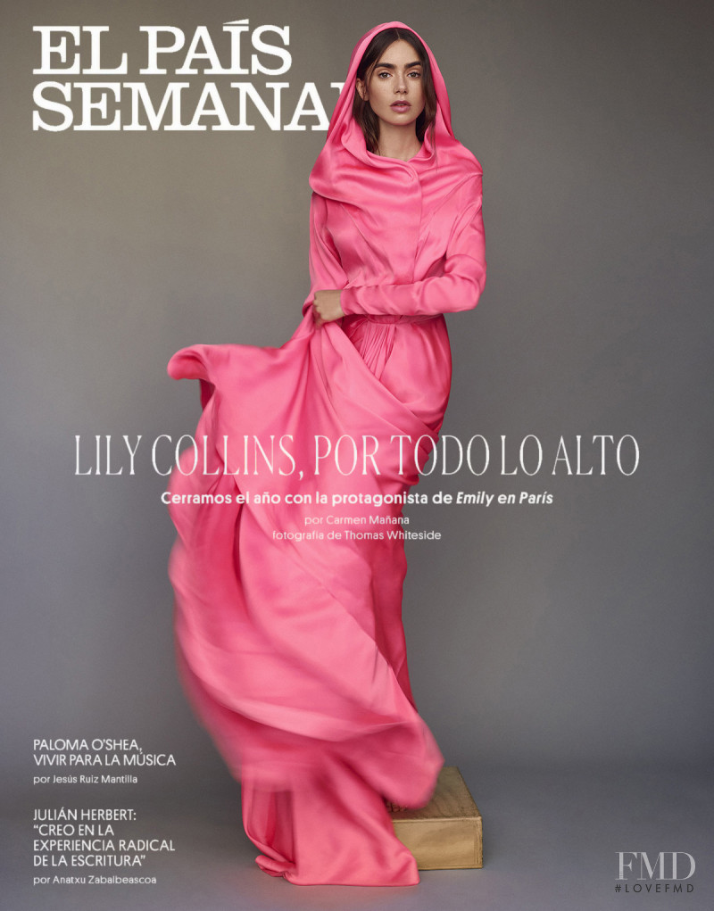 Lily Collins featured on the El País Semanal cover from December 2021