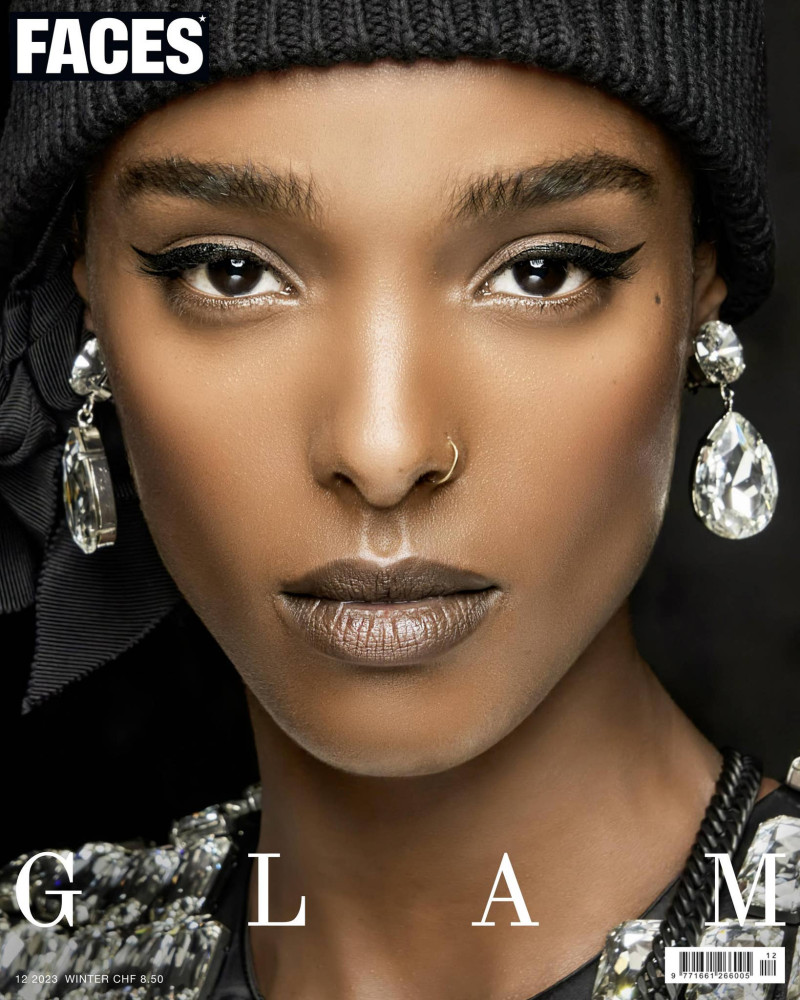 Malika Louback featured on the FACES Magazine cover from December 2023