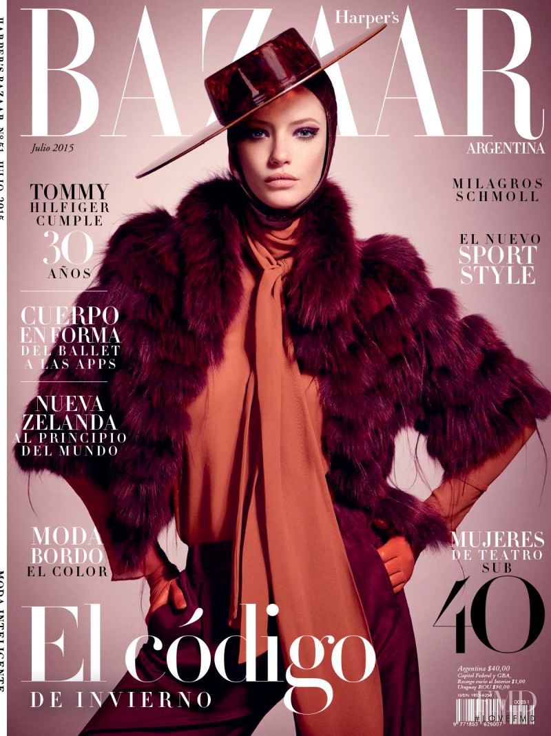 Milagros Schmoll featured on the Harper\'s Bazaar Argentina cover from July 2015
