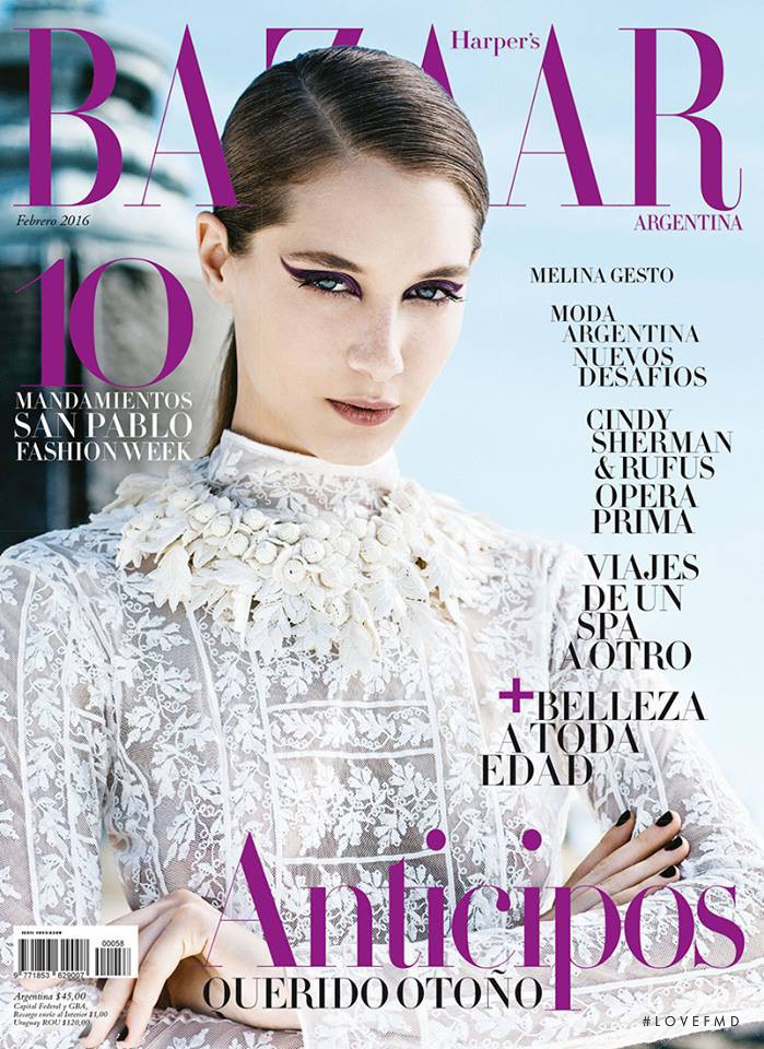 Melina Gesto featured on the Harper\'s Bazaar Argentina cover from February 2016