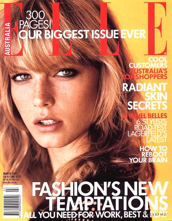 Angela Lindvall featured on the Elle Australia cover from March 2002