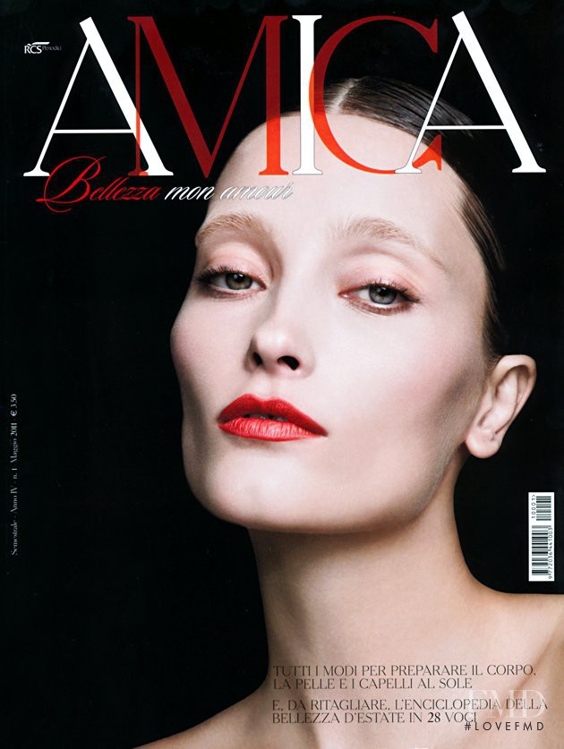 Iekeliene Stange featured on the Amica Bellezza Italy cover from March 2011