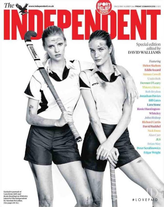 Lara Stone, Rosie Huntington-Whiteley featured on the The Independent cover from March 2012