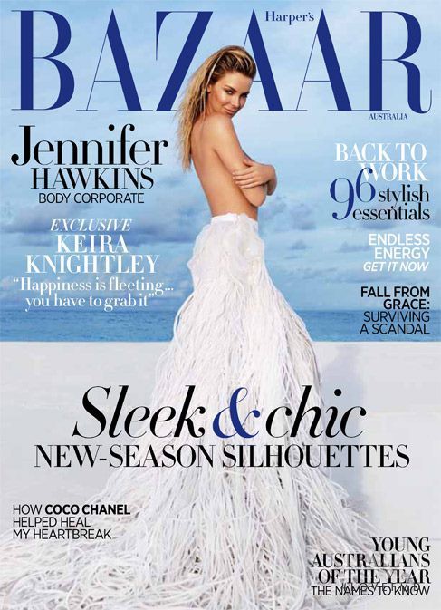Jennifer Hawkins featured on the Harper\'s Bazaar Australia cover from February 2013