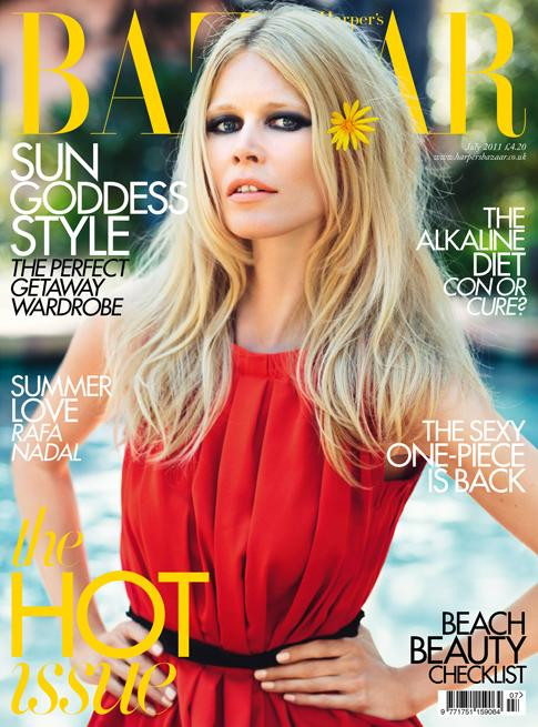 Claudia Schiffer featured on the Harper\'s Bazaar UK cover from July 2011