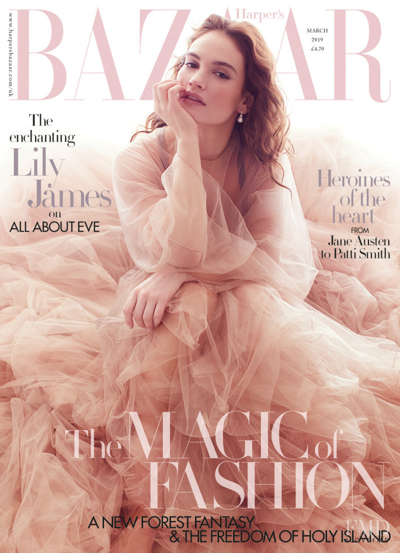 Lily James featured on the Harper\'s Bazaar UK cover from March 2019