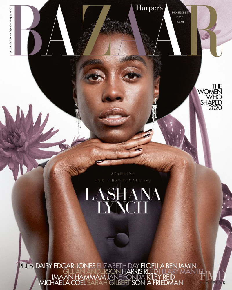 Lashana Lynch featured on the Harper\'s Bazaar UK cover from December 2020