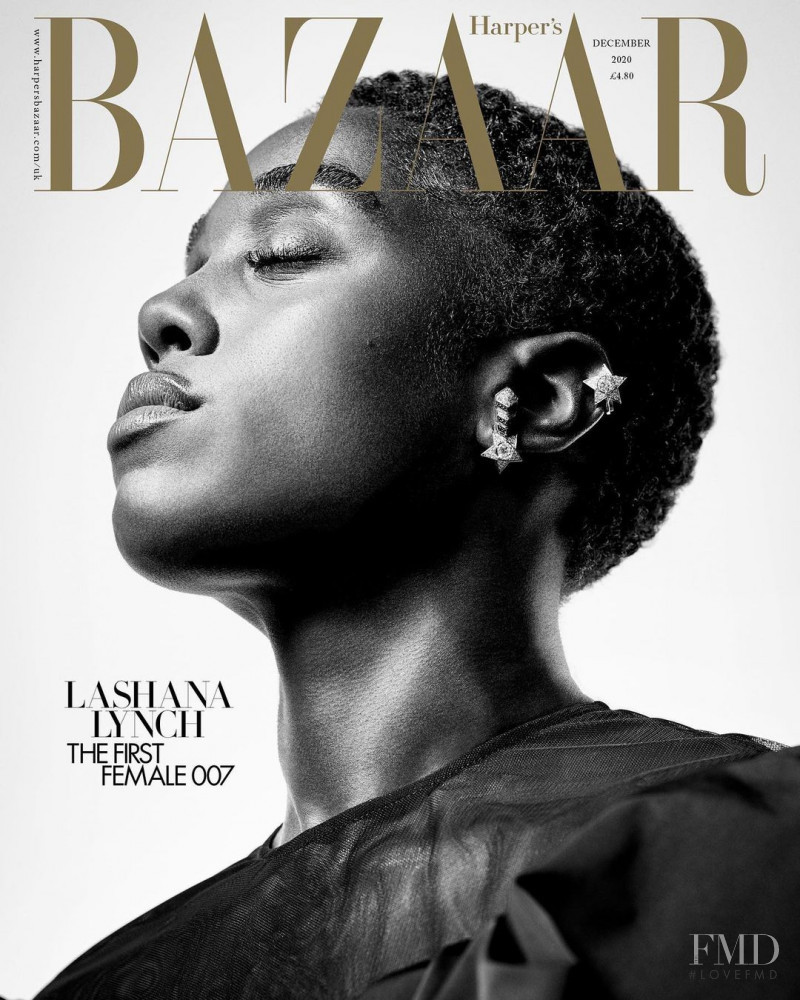 Lashana Lynch featured on the Harper\'s Bazaar UK cover from December 2020