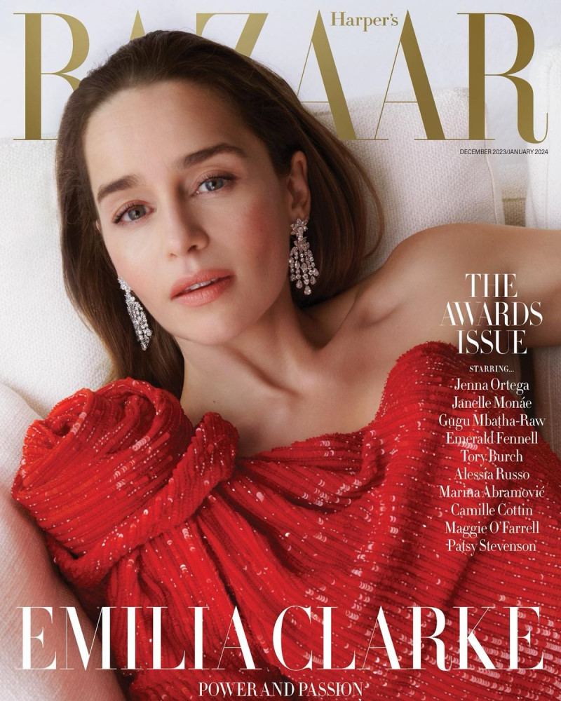 Emilia Clarke featured on the Harper\'s Bazaar UK cover from December 2023