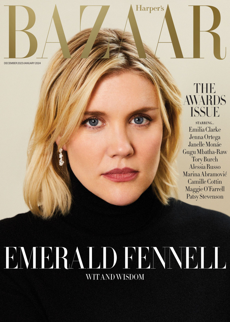 Emerald Fennell featured on the Harper\'s Bazaar UK cover from December 2023