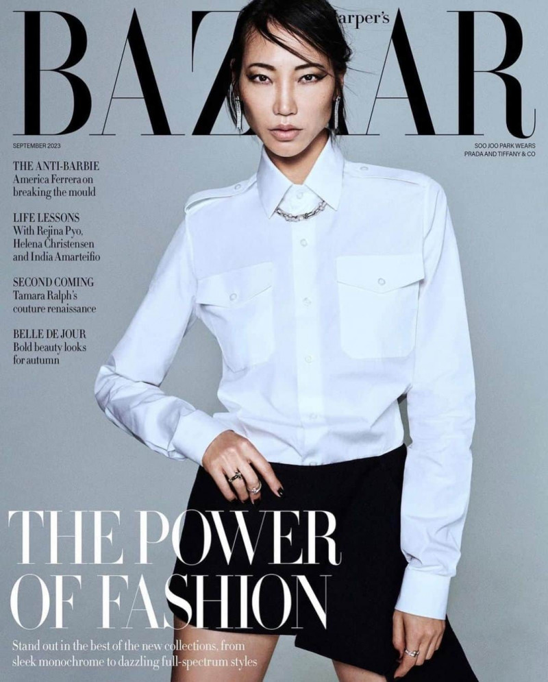 Soo Joo Park featured on the Harper\'s Bazaar UK cover from September 2023
