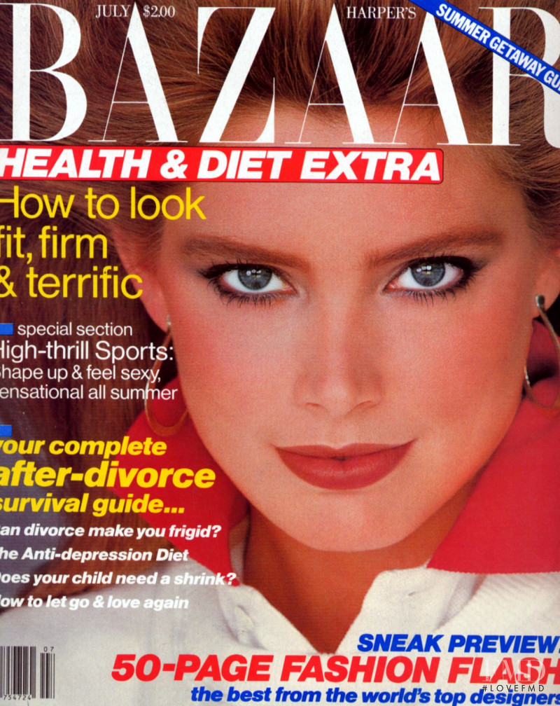 Kelly Emberg featured on the Harper\'s Bazaar USA cover from July 1982